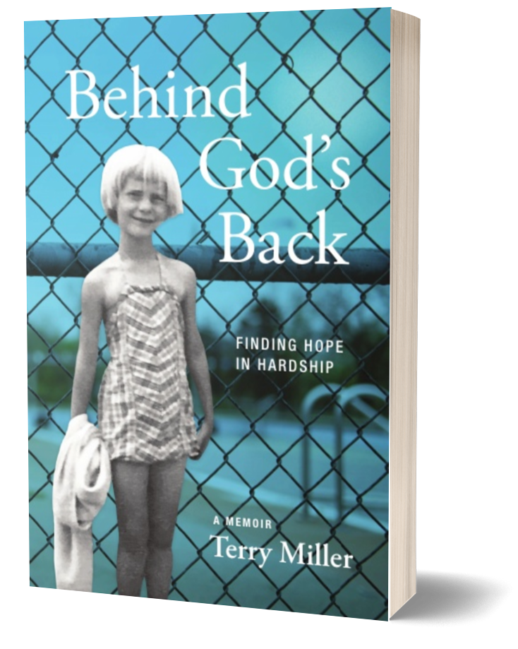 Cover of Terry M. Miller's new book, Behind God's Back. The cover of the book displays a young white girl with short blonde hair smiling at the camera with a blue-tinted chain link fence and outdoor public pool behind her.